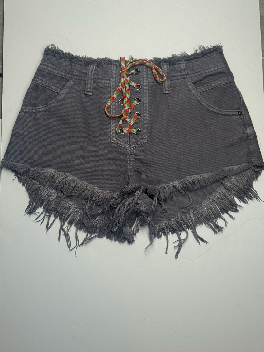 We The Free- Frayed Lace-Up High-Rise Women's Shorts - Gray NWOT
